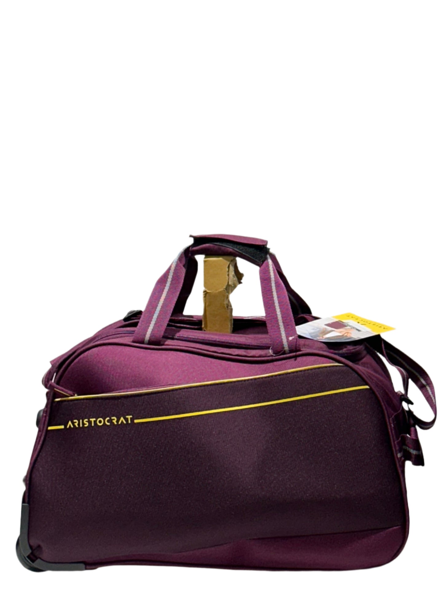 Two purple suitcases on a white surface