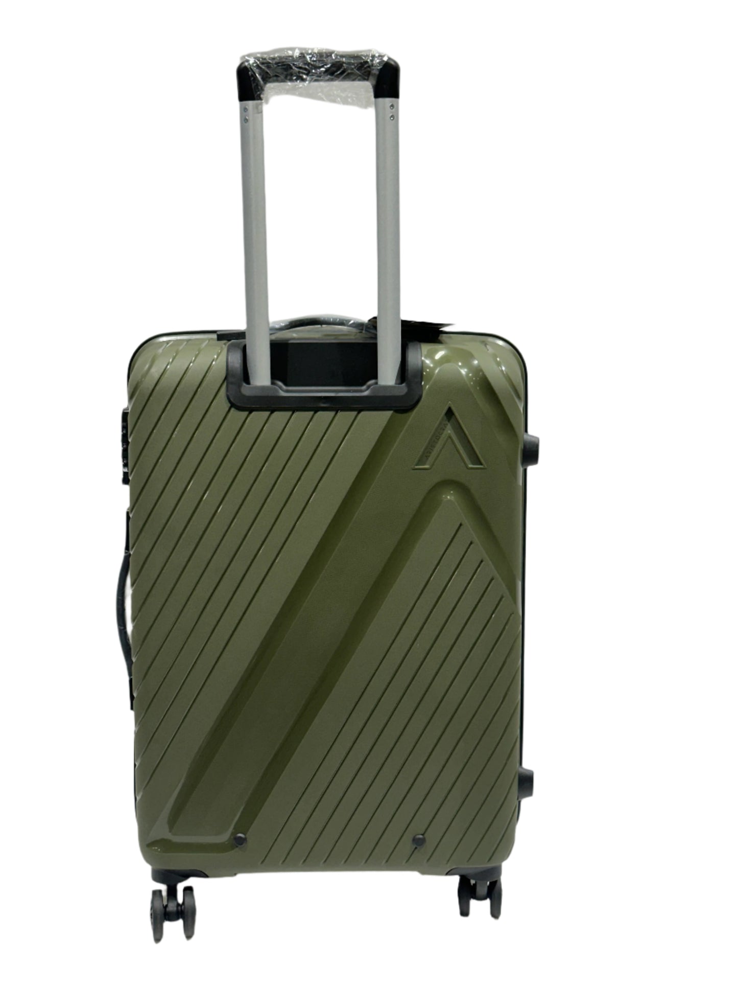 Green suitcase with a textured surface on a white background