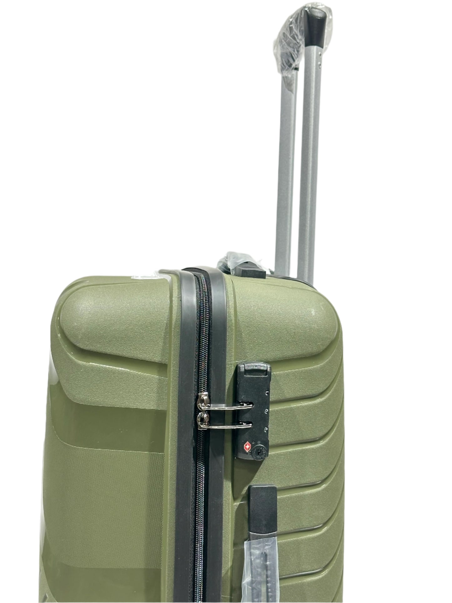 Green suitcase with a black zipper on a white background