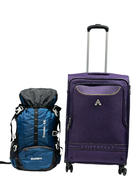 Blue backpack and purple suitcase on a white background