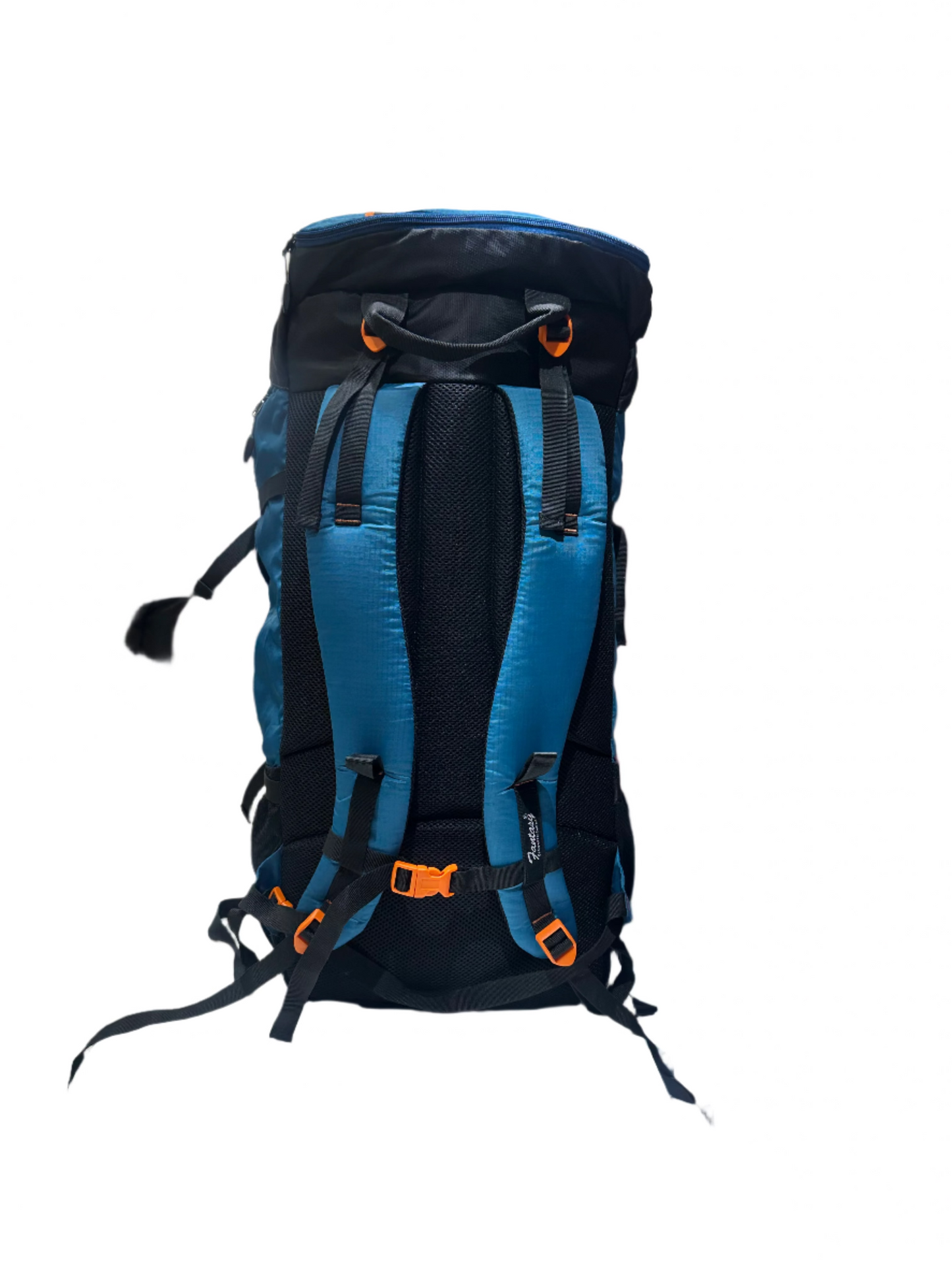 Blue and black backpack with orange accents on display in a store.