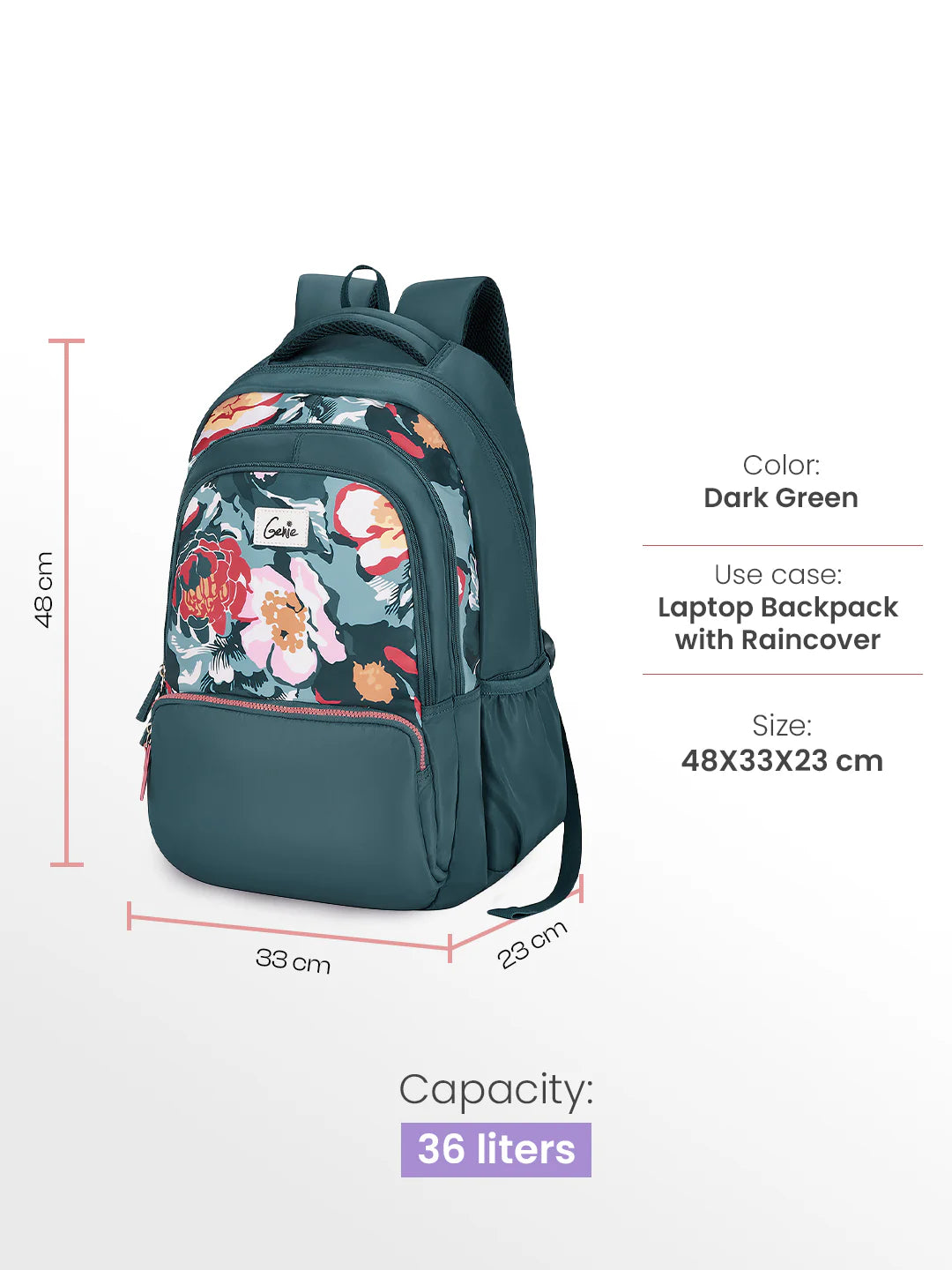 Diasora 36L Laptop Backpack With Raincover - Dark Green