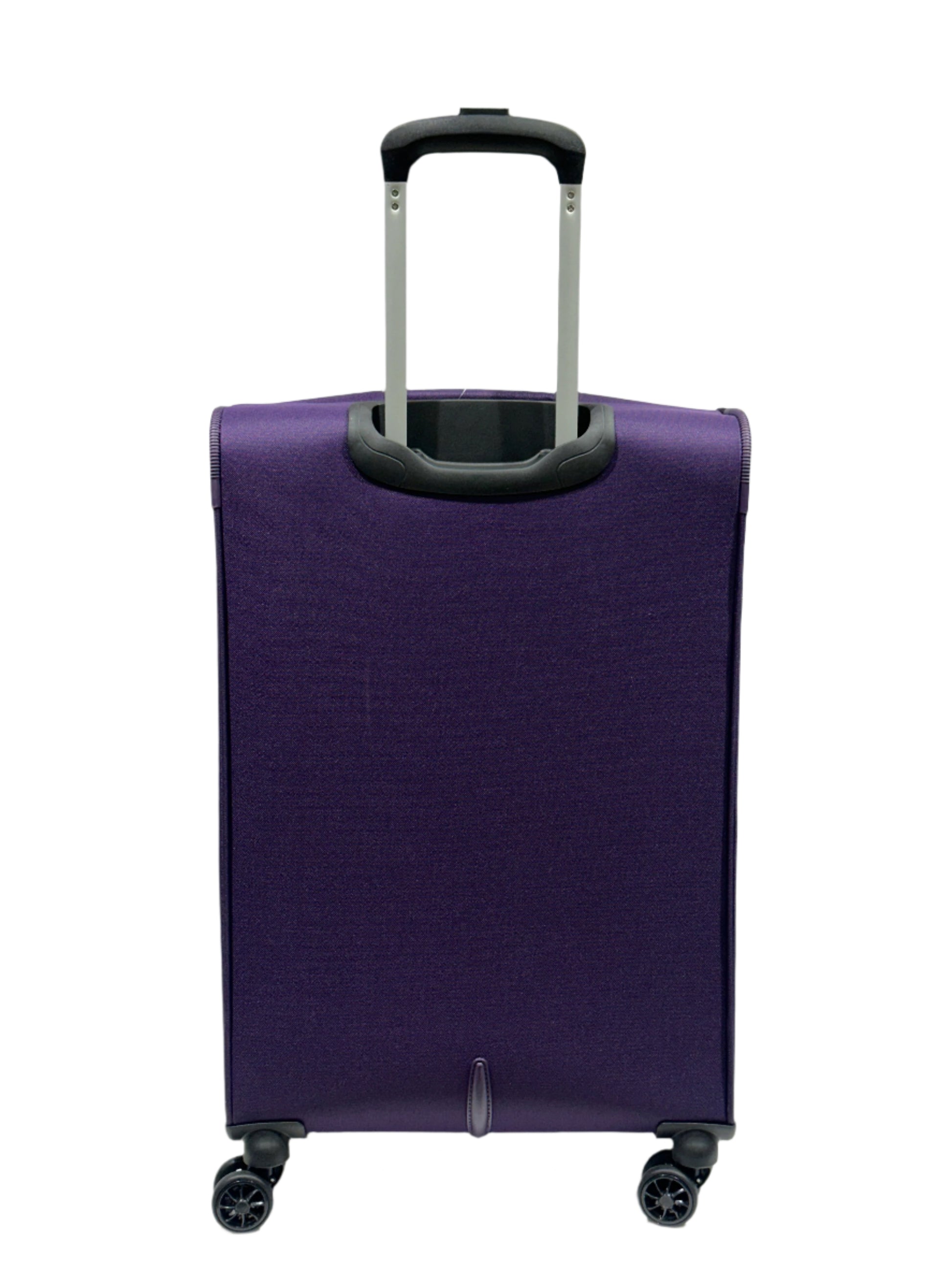 Purple suitcase with wheels on a white background
