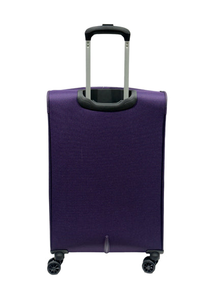 Purple suitcase with wheels on a white background