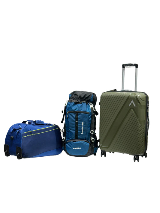 Green suitcase and blue backpacks on a luggage rack against a white wall.