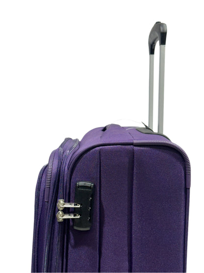 Purple suitcase with a silver handle on a white background